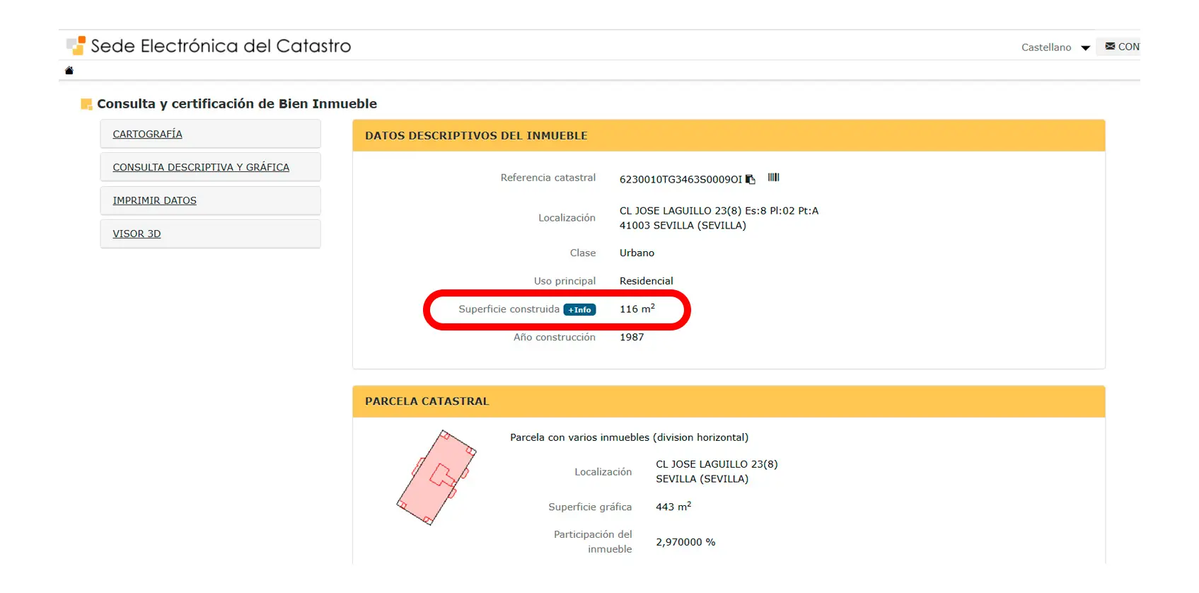 Ficha del Catastro mostrando la superficie construida del inmueble